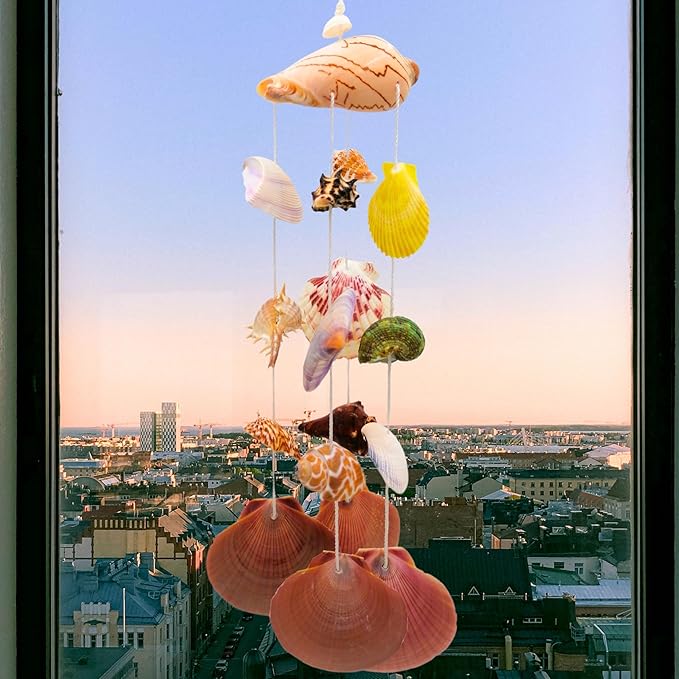 Seashell Wind Chimes, Windchimes Outdoor Indoor Beach Home Décor Hanging for Patio Garden Porch Yard, Genuine Seashells