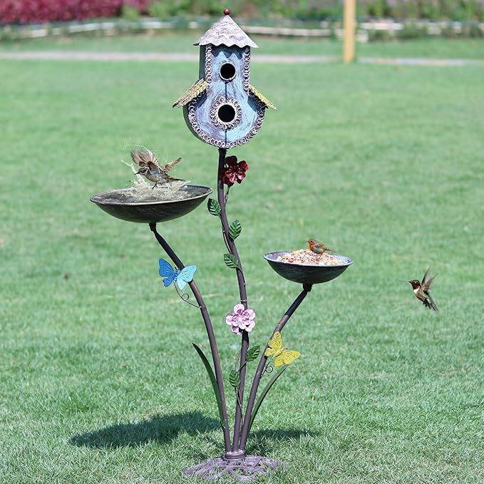 38" H Birdbaths for Outdoors,Metal Bird Feeder and Bird Houses for Outside,3-in-1,Garden Yard Decor