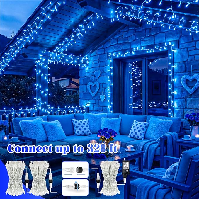 66FT 200 LED Christmas Lights Outdoor, Plug in Christmas String Lights Indoor Waterproof with 8 Modes, Connectable Clear Wire Twinkle Fairy Lights for Home Wedding Party Decor, Blue