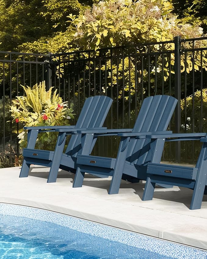 Folding Adirondack Chair 2 Pack, HDPE All-Weather Fire Pit Chairs, Plastic Adirondack Chairs with 2 Cup Holder, Outdoor Lawn Chair for Patio Garden (New Blue)