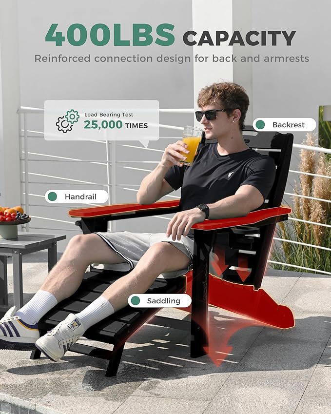 Folding Adirondack Chairs Set of 4,Adirondack Chair with Retractable Ottoman,Plastic Adirondack Chairs with 2 Cup Holder,Weather Resistant Patio Chair,Outdoor Chairs Set of 4(Black)