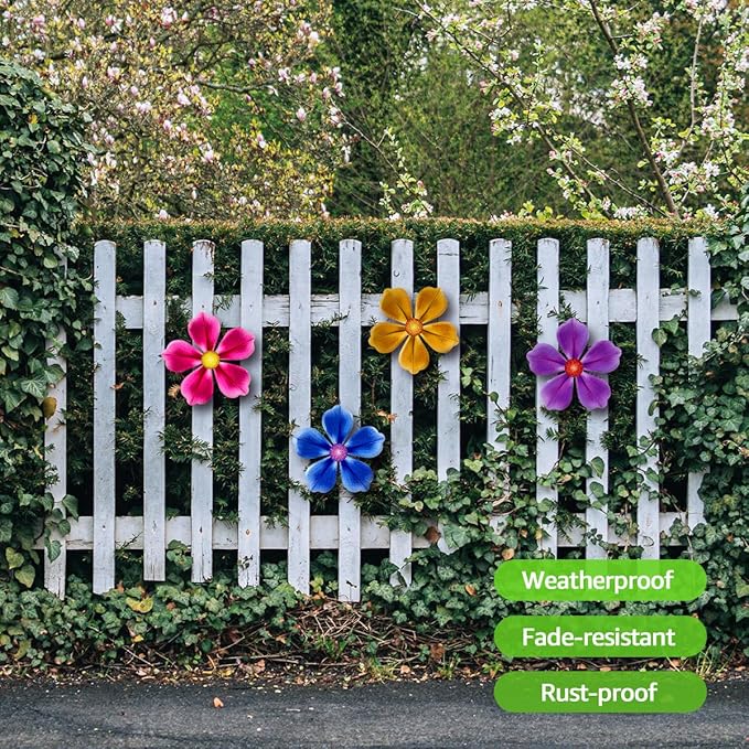 Giyyomtr Flowers Outdoor Wall Decor - 4 Pack 6.2'' Metal Flower Wall Art Hanging Decorations for Outdoor Fence Garden Yard Patio Decor, Gift for Mom Friends