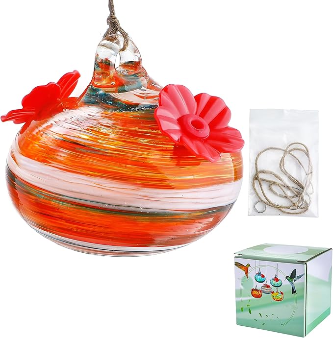 Small Glass Hummingbird Feeders for Outdoors 3in Hanging Blown Glass Ball Humming Birds Feeder with 2 Feeding Ports for Outside Garden Patio Decor for Window
