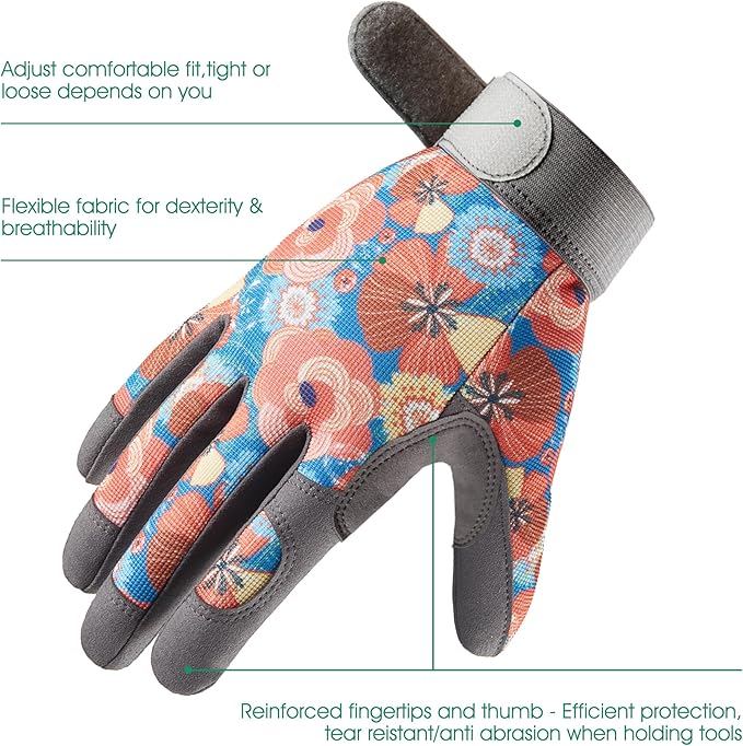 COOLJOB Medium Gardening Work Gloves for Women Ladies, Thorn Proof for Rose Pruning, Cactus Handling, Blackberry Bush Planting, Puncture Resistant Anti-Slip Flexible, 1 Pair M Floral Orange