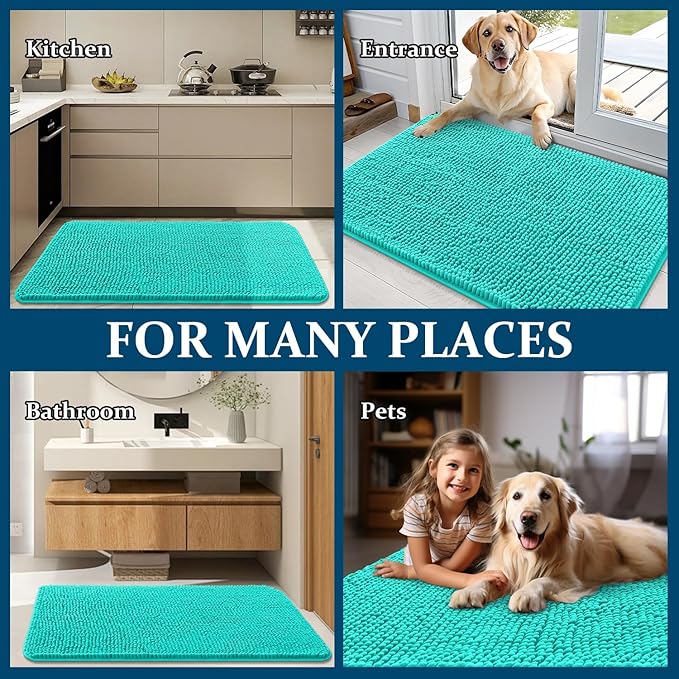 OLANLY Dog Door Mat for Muddy Paws 48x30, Absorbs Moisture and Dirt, Absorbent Non-Slip Washable Doormat, Quick Dry Chenille Mud Mat for Dogs, Entry Indoor Entryway Carpet for Inside Floor, Teal