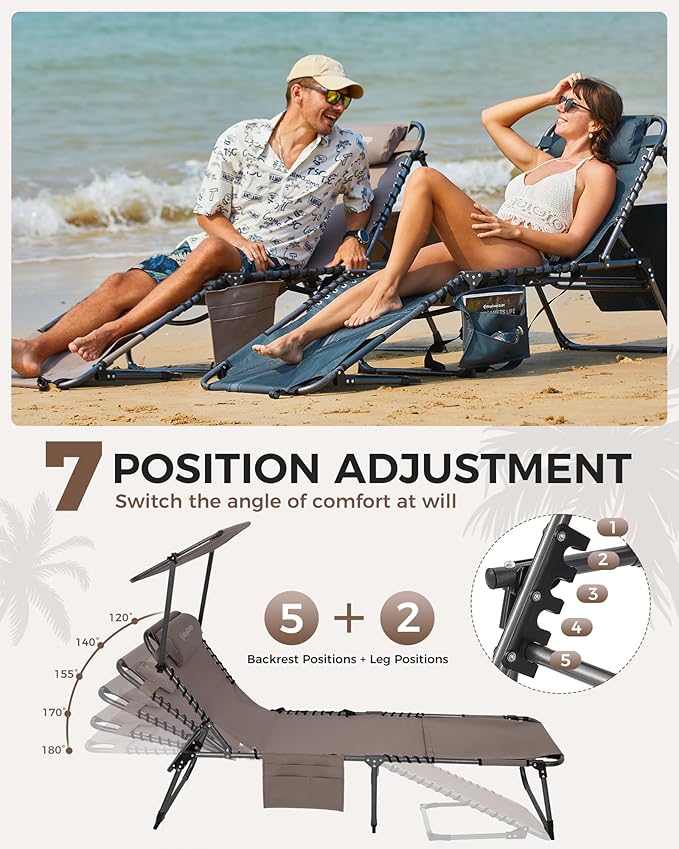 KingCamp 2 Pack Tanning Chair with Face Hole, Lounge Chairs Outdoor Folding Comfy Adjustable 5-Position Foldable Chaise Chaser with Canopy Shade for Outside Beach Patio Sun Bathing, Beige