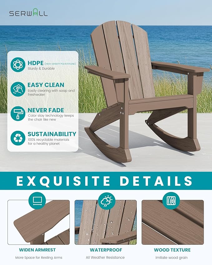 SERWALL Outdoor Adirondack Rocking Chairs Set of 4, All-Weather HDPE Adirondack Rocker Chair, Front Porch Rocker Chairs for Patio Lawn Porch Deck, Coffee