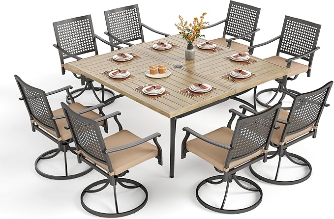 PHI VILLA 9 Pieces Outdoor Dining Set for 8, 60” Square Metal Wood-Like Table & Swivel Steel Chairs with Cushions, Large Furniture Set for Outdoor Deck, Yard, Porch