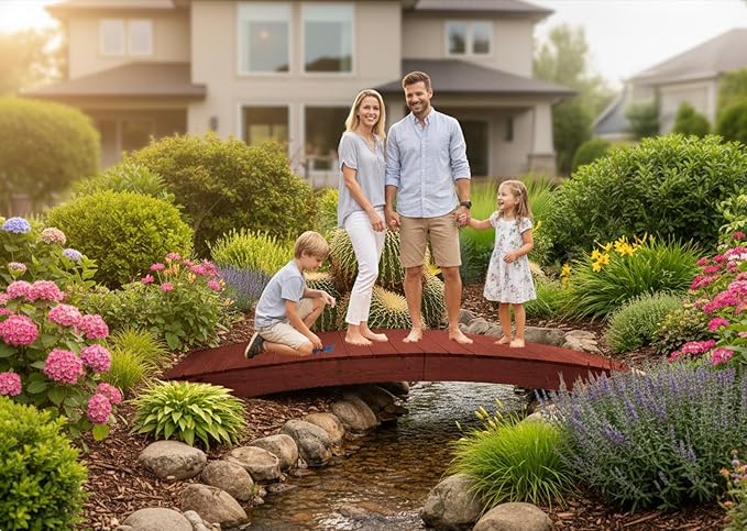 10 FT MAHOGANY Amish Made Pinewood Heavy Duty Garden Bridge for Walkway, Backyard Pond & Landscaping, Outdoor Wooden Footbridge for Koi Pond, Japanese Style Decorative Bridge, Made in USA