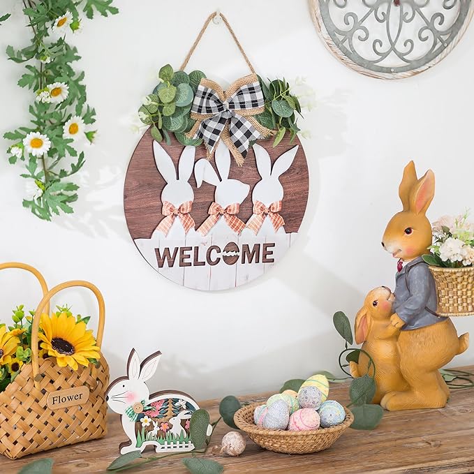 Easter Sign Wall Decor: Front Door Bunny Rabbit Decorations Spring Welcome Wreath Hanging Signs for Farmhouse