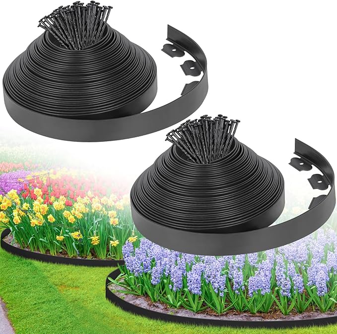2-Inch x 100 FT Landscape Edging Border with 150 Stakes, Plastic Edging for Landscaping Garden Edging Border, Flexible Landscaping Edging for Garden Flower Beds Yard Lawn Pathway Paver (Black)