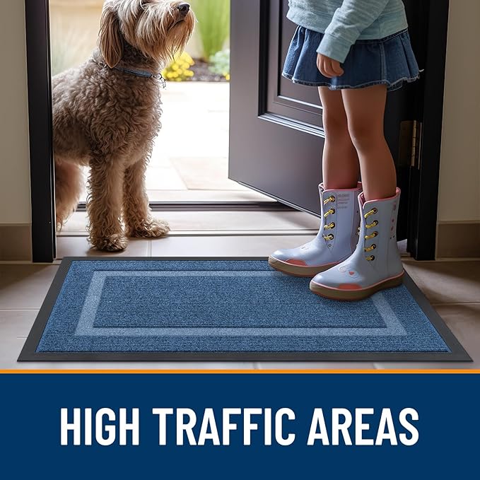OLANLY Front Door Mat Indoor Outdoor Entrance, Waterproof All-Season, All-Weather Doormat, Sturdy Natural Rubber, Fade Resistant, Low Profile, Easy Clean Patio Porch Entryway Mat, 59x23, Light Blue