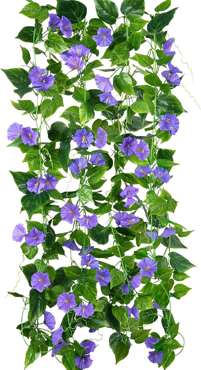 GTIDEA Artificial Vines 15Feet Silk Flower Garland Purple Morning Glory Vine Artificial Flowers Hanging Plants Garland Fake Green Plant 4Pcs for Outdoors Wall Fence Indoor Wedding Banquet Decor