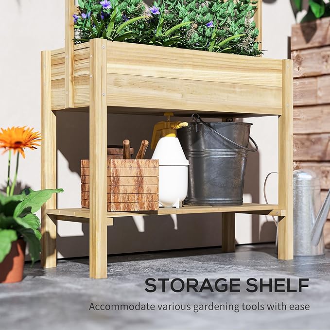 Outsunny Wooden Raised Garden Bed with Trellis, Elevated Planter Box with Storage Shelf, Drainage Holes and Liner, Outdoor Flower Box for Vegetables, Flowers, Herbs