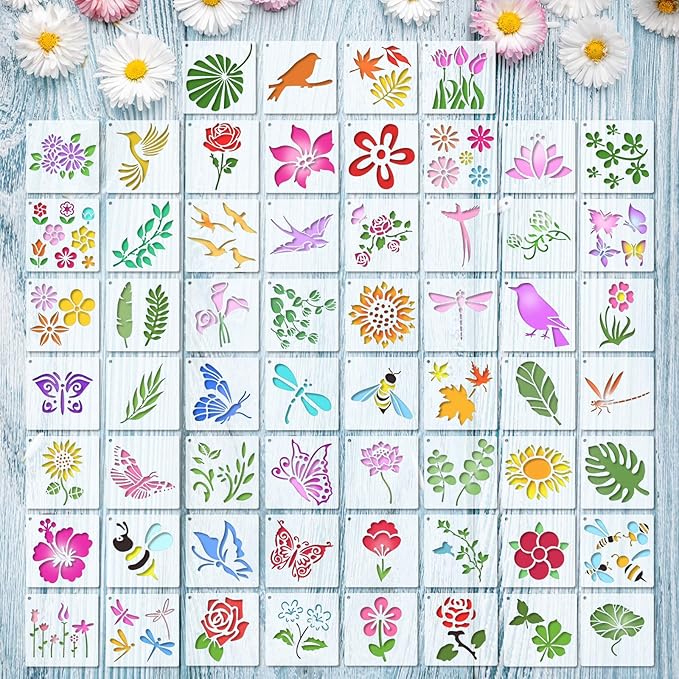 Marspark 66 Pcs Spring Easter Small Stencils for Crafts Reusable 3 Inch Stencils for Painting on Wood DIY Craft Paint Template for Wall Home Decor Card Rock Canvas Drawing Holiday (Flowering Plants)