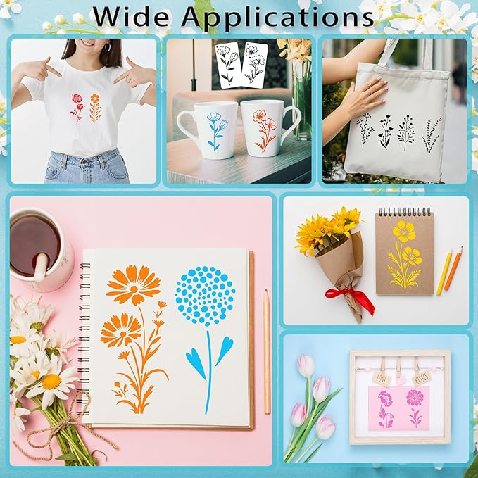 32 Pcs Wildflower Stencils for Painting on Wood, Reusable Flower Leaf Stencils Plastic DIY Craft Drawing Templates Set for Wall Paper Canvas Home Decor
