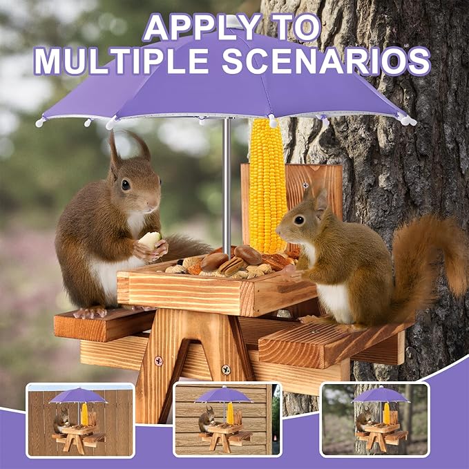 Gnodary Squirrel Feeder with Umbrella, Squirrel Feeders for Outside, Squirrel Picnic Table Feeder - Chipmunk Feeder Hold Corn, Corn Cob, Peanuts (Purple)