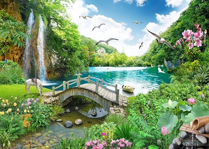 BELECO 12x10ft Fabric Picturesque Garden Backdrop Tropical Landscape Green Mountain Forest Trees Waterfall Lake Flowers Birds Horse River Bridge Fantasy Scenery Background Wall Mural Photo Props