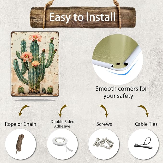 Vintage Tin Sign Cactus Wall Art Cacti Art Wall Sign Decor for Home Kitchen Garage Outdoor Yard Farmhouse 16x12 Inch