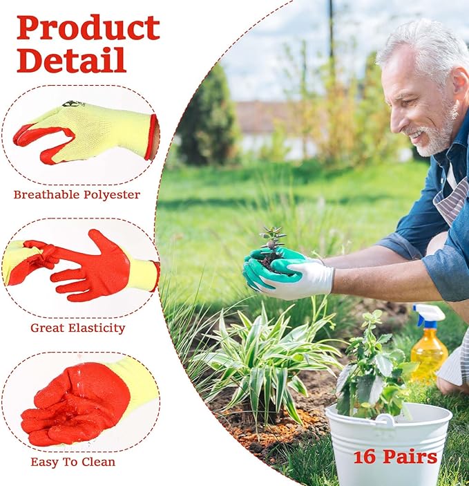 16 Pairs Gardening Gloves for Women Ladies, Breathable Rubber Coated for Yard Garden, Outdoor Indoor Protective Work with Grip, Medium Size, Multicolor