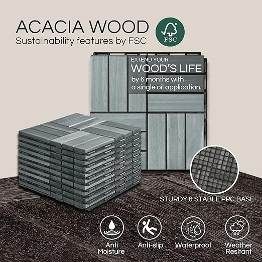 10 Pcs Deck Tiles, Patio Flooring - Outdoor Waterproof Acacia Wood Tiles for All Weather Use - Balcony, Backyard, Indoor & Outdoor (Grey Crossed Pattern, 10 Square Ft)