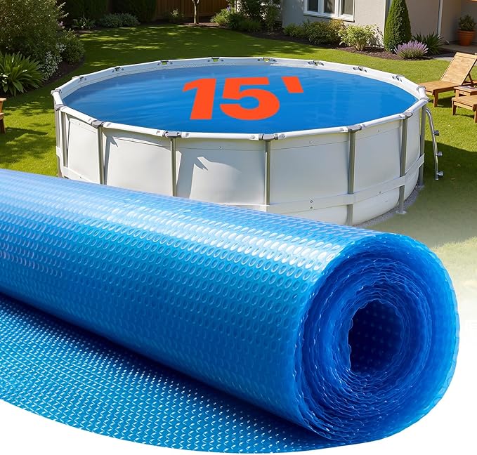 VEVOR Solar Pool Cover, 15 ft Round Pool Bubble Cover, 12 Mil Pools Solar Blanket with Bubble & PE Material, Daytime Heat Absorption, Nighttime Heat Retention, Heat Retaining Solars Covers, Blue