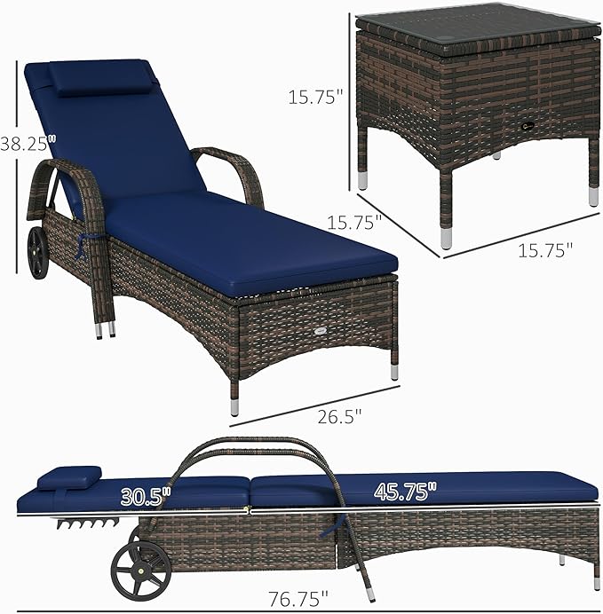 Outsunny Wicker Outdoor Chaise Lounge Chair Set of 3 with Side Table, 5-Level Adjustable Backrest PE Rattan Pool Lounge Chair with Wheels, Cushion & Headrest, Dark Blue