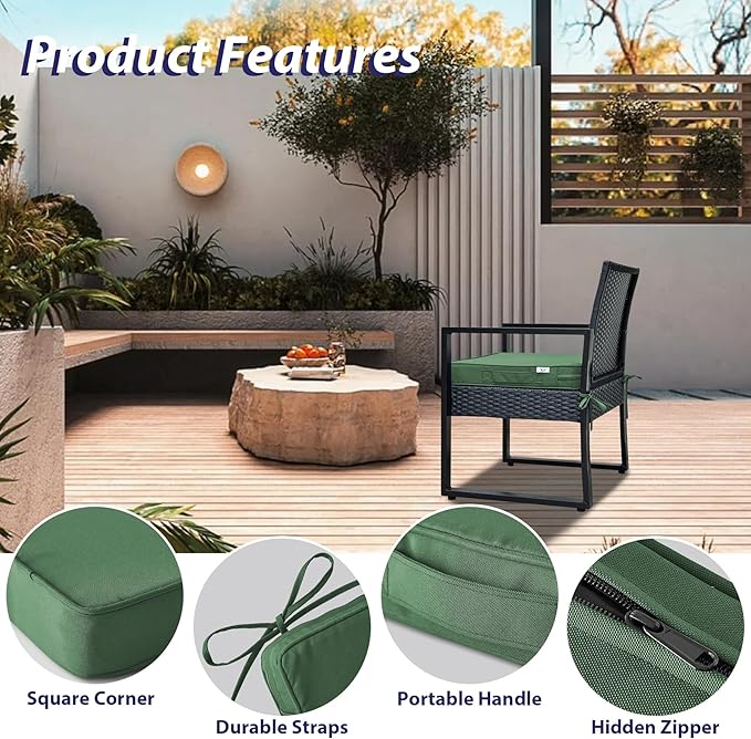 Outdoor Chair Cushions Set of 4,Waterproof Outdoor Seat Cushions for Patio Furniture,Patio Chair Cushion with Handle and Ties, Square Out Door Chair Pads,18.5" x 16" x 3", Forest Green