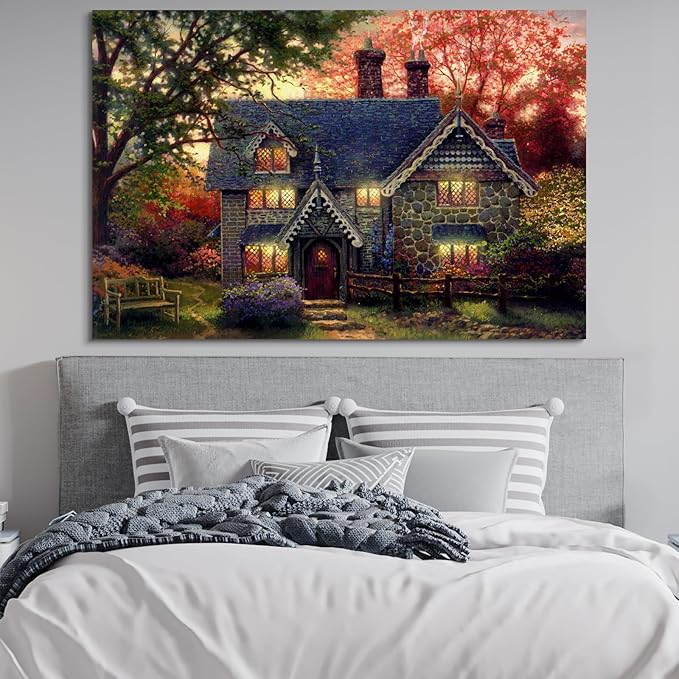 STUDIO HAVEN Thomas Kinkade Canvas Wall Art, Autumn Evening Flower Garden Cozy Glow and Wooden Bench Oil Painting Poster Rustic Landscape Wall Decor, Framed Prints for Home Decor, 28x20Inch