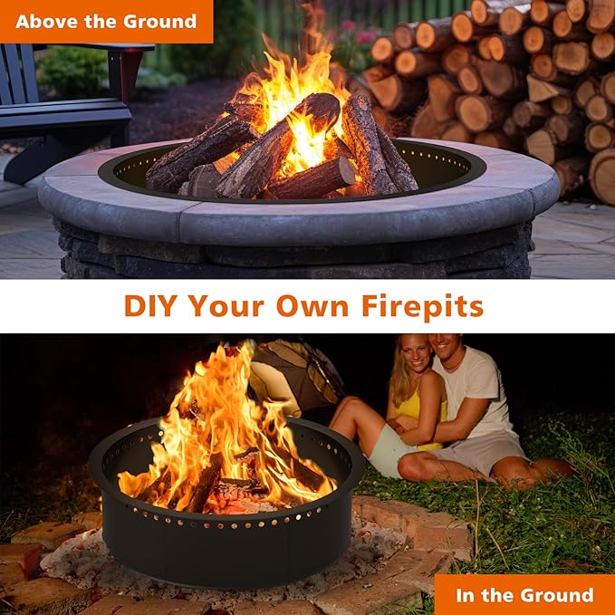 OUSHENG Smokeless Fire Pit Ring Outdoor, 33 Inch Outer 30 Inch Inner Round Wood Burning Firepit Accessories, DIY Metal Steel Liner Insert for Bonfire Outside Camping Above or In Ground