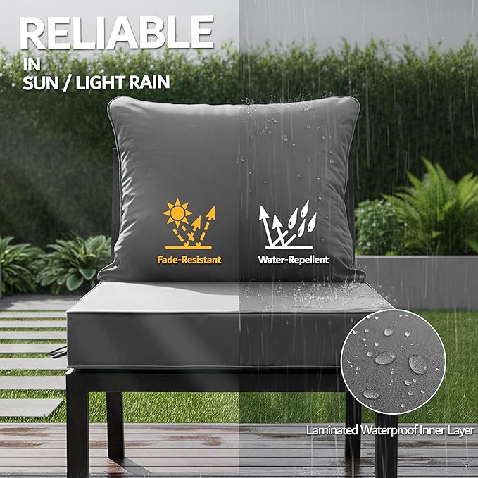 22x22 Inch Patio Chair Cushions Set of 4, Outdoor Furniture Cushions - Removable Cover, Water-Repellent, Fade-Resistant, Non-Slip Bottom & Straps, Replacement for Lawn, Porch & Deck Chair - Dark Grey