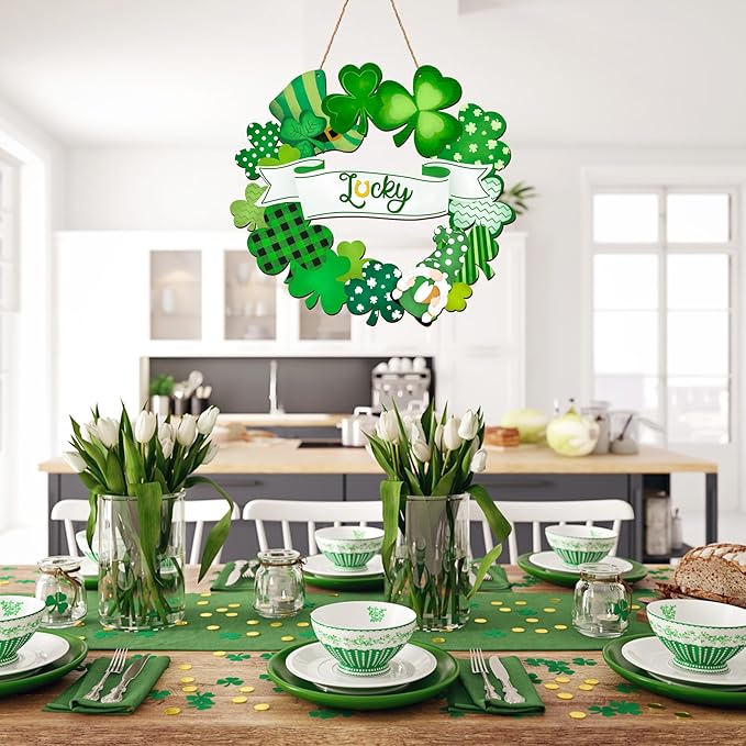 St. Patrick's Day Shamrock Door Sign, 11.5" Shamrocks Welcome Sign For Front Door Spring Rustic For Happy St. Patrick's Day Party Front Door Wall Home Decorations with Rope Outdoor Indoor Decor