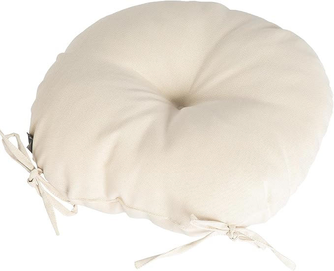 Magpie Fabrics Outdoor 15"x15"x4" Round Bistro Seat Cushions with Ties Set of 2, Tufted Waterproof Patio Floor Chair Pads for Home Garden Balcony Kitchen Office Porch, Recycled Cream White