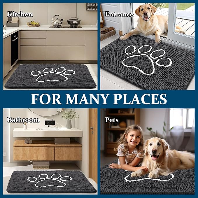 OLANLY Dog Door Mat for Muddy Paws 45x27, Paw Print Design, Absorbs Moisture and Dirt, Absorbent Non-Slip Washable Doormat, Quick Dry Chenille Mud Mat for Dogs, Entry Indoor Entryway Carpet, Dark Grey