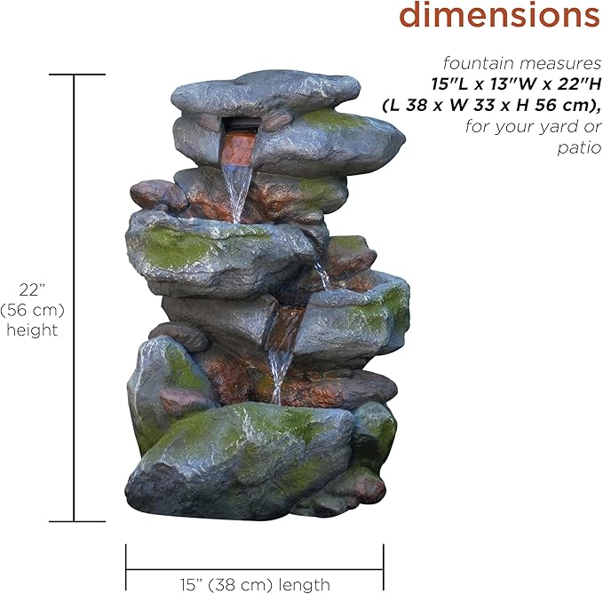 Alpine Corporation 22" Tall 3-Tier Outdoor Rock Waterfall Fountain with LED Lights, Natural Stone Look for Garden, Patio, Yard & Porch Decor, Gray