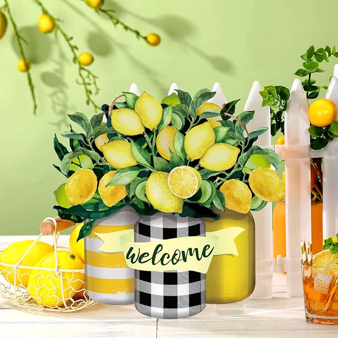 Karenhi Lemon Welcome Wooden Sign for Front Door Lemon Wooden Hanger Summer Door Sign Wood Spring Hanging Decorations Farmhouse Porch Decor for Outdoor Housewarming Gift
