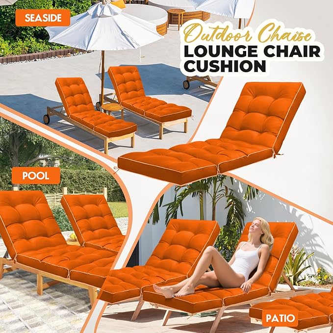 Outdoor Chaise Lounge Chair Cushion, Waterproof Non-Slip Patio Chaise Lounge Cushions for Outdoor Furniture, Thickened Patio Pool Lounger Chair Cushion, 76.4 x 22.8 x 4.7 Inches, Orange