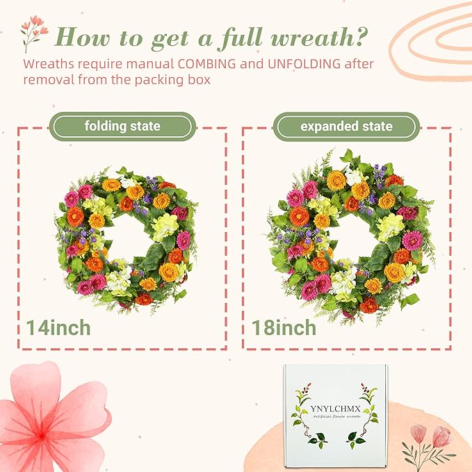 YNYLCHMX 18" Spring Summer Wreaths for Front Door, Artificial Floral Wreath with Daisy Flowers Green Tea Leaves, Green Foliage Wreath for Wall Window Farmhouse Party Holiday Home Decor