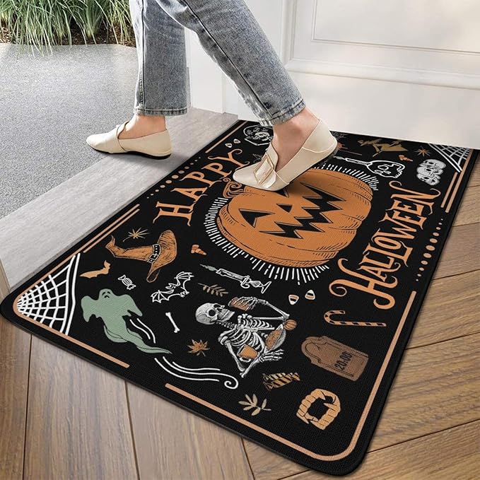 Halloween Decor Welcome Door Mat,Funny Skeleton Pumpkin Home Decoration Non-Slip Indoor Outdoor Front Doormats Rug 17 x 30 Inch