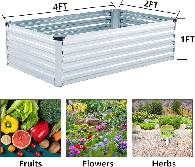 2 Pack 4x2x1FT Galvanized Raised Garden Bed Kit, Outdoor Metal Planter Box for Vegetables, Bottomless Rectangular Gardening Bed with Support Rods, Tool-Free Assembly, Gray