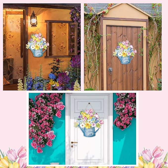 Juexica Spring Decorations for Home Spring Wreaths for Front Door Flower Sign Easter Door Hanger Decorations Rustic Flower Wall Decor for Easter Party Outdoor Indoor Decor