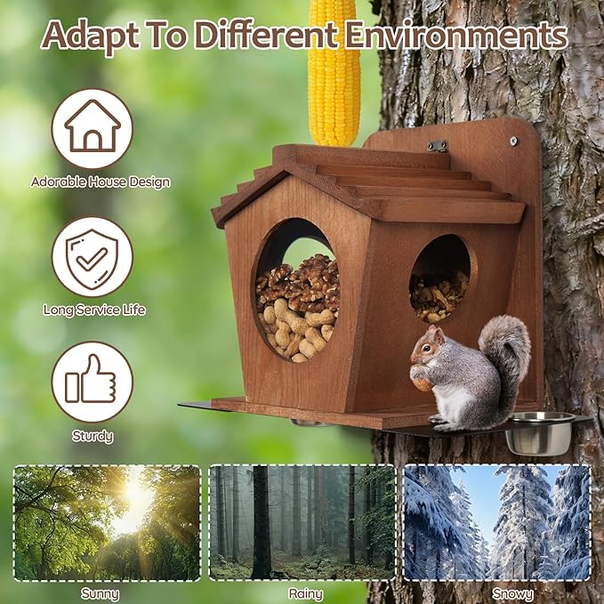 Wood Squirrel Feeder, Durable Hanging Squirrel Boxes for Outside Large Capacity Outdoor Squirrel House for Corn Cobs, Peanuts & Nuts - Funny Feeding Station for Squirrels & Chipmunks