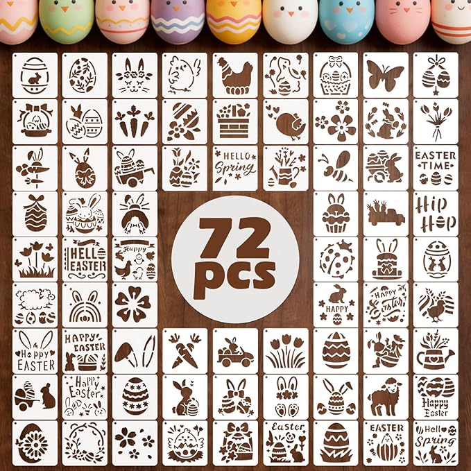 72 PCS 3x3 Inch Spring Easter Stencils for Painting - Reusable Easter Templates Chicks Eggs Bunny Farm Spring Painting Templates on Wood, Glass, Fabric, Window Door Decor DIY Decoration