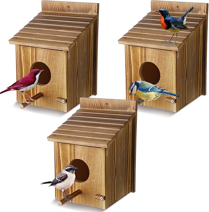 Tradder 3 Pcs Wood Bird Houses for Outside with Pole Hanging Bluebird Wooden Birdhouse for Outdoor Small Bird Nest Box for Finch, Bluebird, Hummingbird, Parakeet Garden Perch