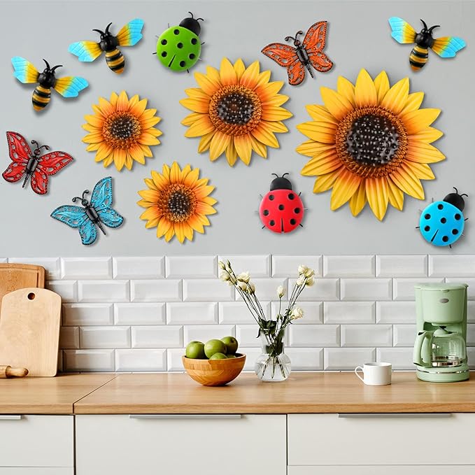Sweetude 12 Pcs Metal Sunflower Wall Decor Colorful Metal Dragonfly Butterfly Outdoor Decor Garden Fence Patio Yard Flowers Wall Art Summer Flowers Hanging for Home VBS 2025(Novelty Style)