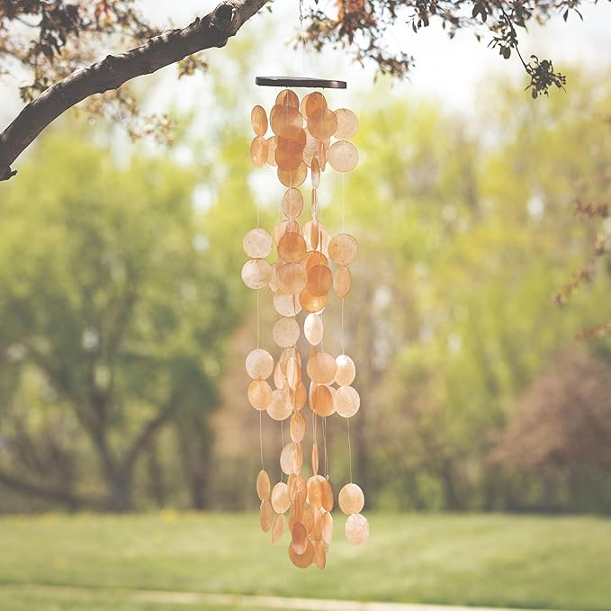 Woodstock Wind Chimes for Outside, Outdoor Decor, Garden and Patio Decor, Capiz Waterfall Wind Chime, 40'' Summer Marigold Wind Chimes (CWSM)