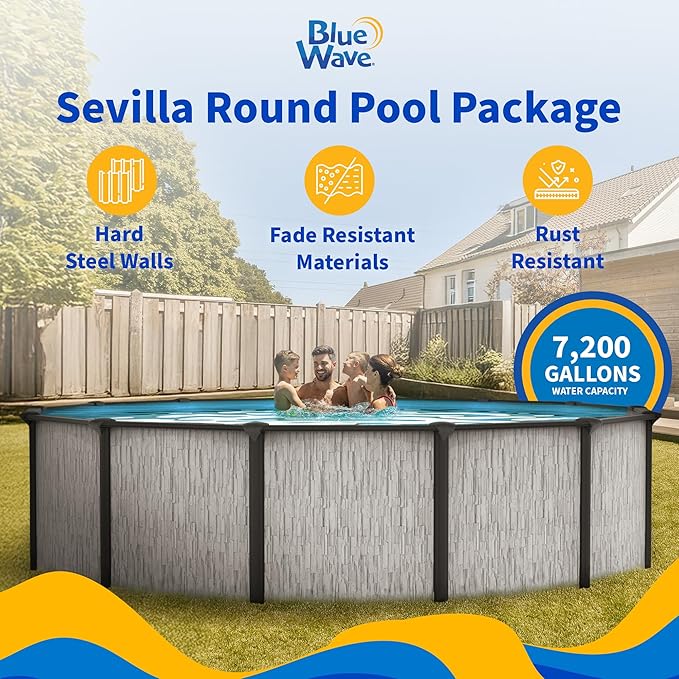 Blue Wave Sevilla 18-ft Round 52-in Deep Above Ground Swimming Pool – with Steel Wall & Top Rails, Sand Filter, Overlap Liner, A-Frame Ladder & Maintenance Kit – Complete Outdoor Pool Accessories