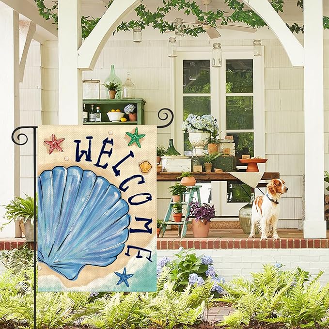 AVOIN colorlife Summer Coastal Beach Shell Garden Flag 12x18 Inch Double Sided, Welcome Seasonal Nautical Burlap Yard Outdoor Decoration