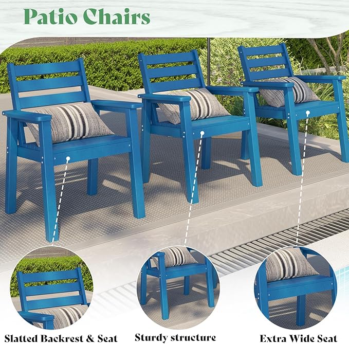 AMERLIFE 7-Piece HDPE Outdoor Dining Set with Umbrella Hole, 71" L Patio Table and Chairs Set for 6, Modern Garden Dining Set for Backyard, Poolside, Porch, Blue
