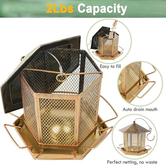 Wild Birds Feeder, Finch Bird Feeder for Outdoors, Metal Hexagonal Gazebo Birdfeeder for Garden Patio Outside Hanging